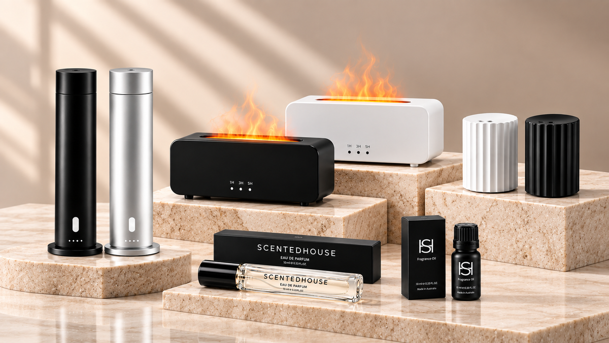 ScentedHouse diffusers, fragrance oil, perfume and room spray on stone plinths